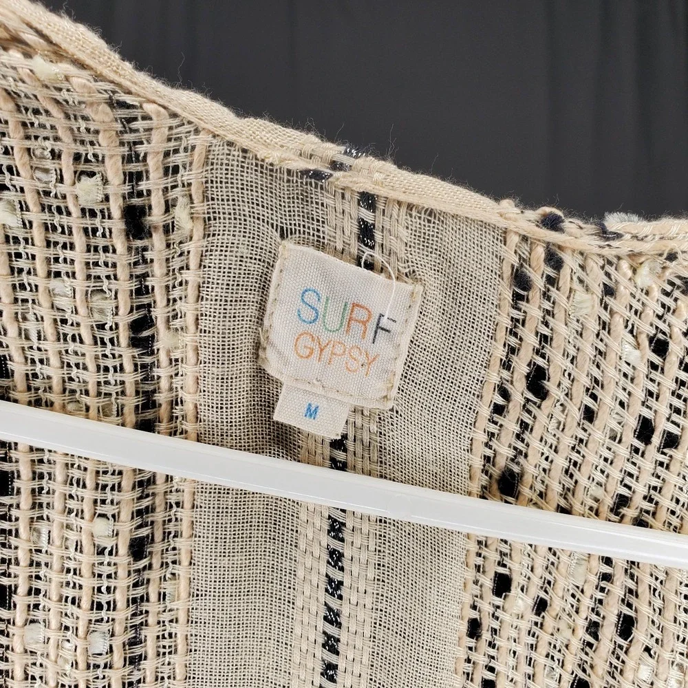 Surf Gypsy Cover Up Medium Beige Textured Stripe Tassel Boho Airy‎ Minimalist